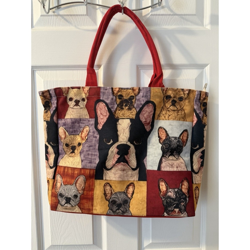 French Bulldog Print Tote Bag Red Handles Zip Top Lined Dog Lover Shoulder Purse